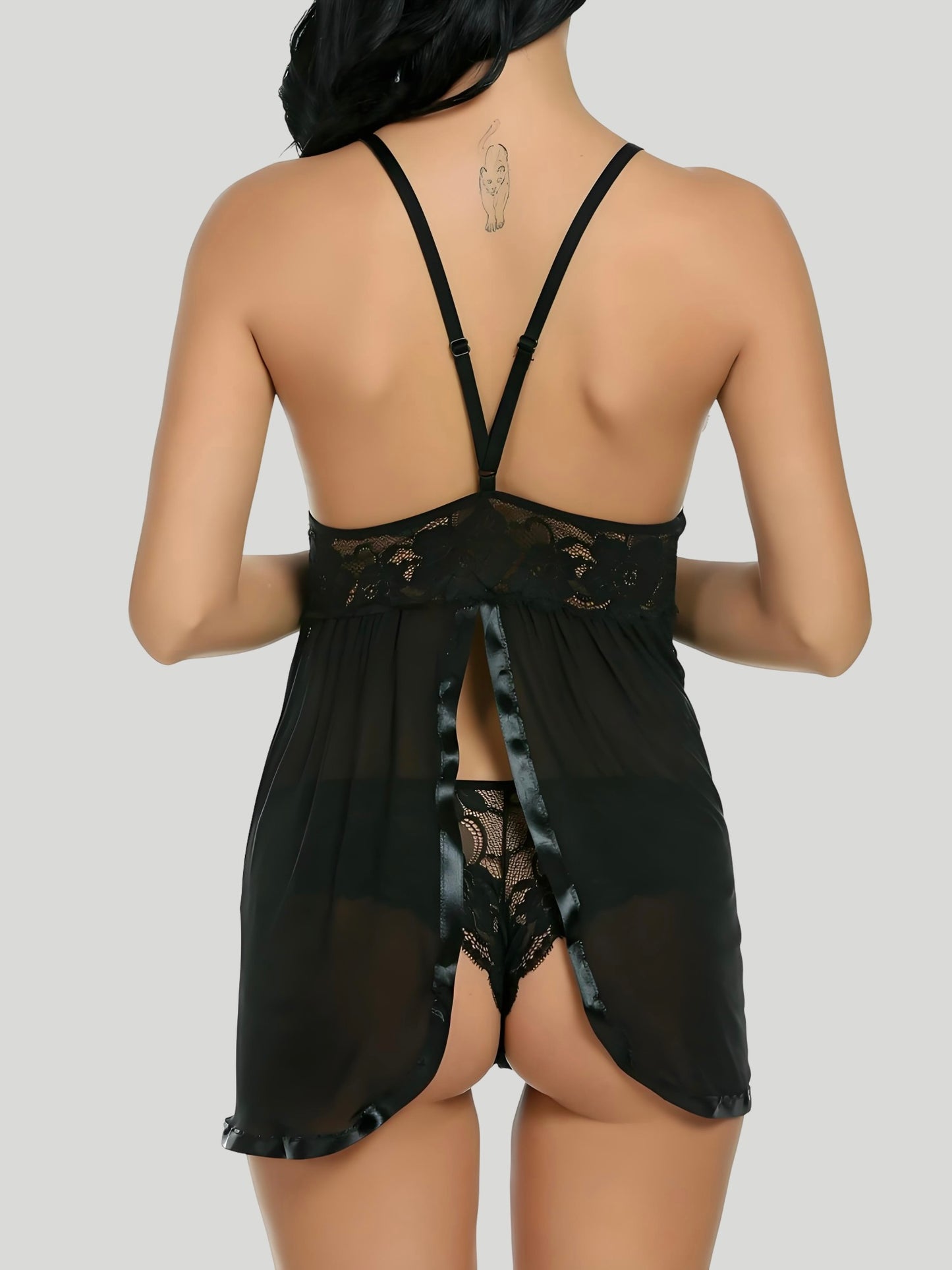 a back view of Sexy V-Neck Lace Babydoll Open Back Black Dress