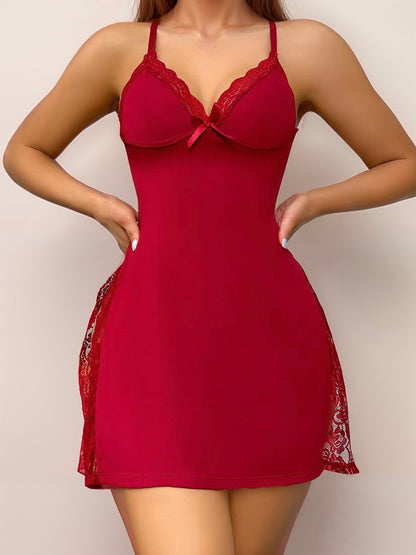 Full display of a V-neck red babydoll chemise sleepwear with side slits.